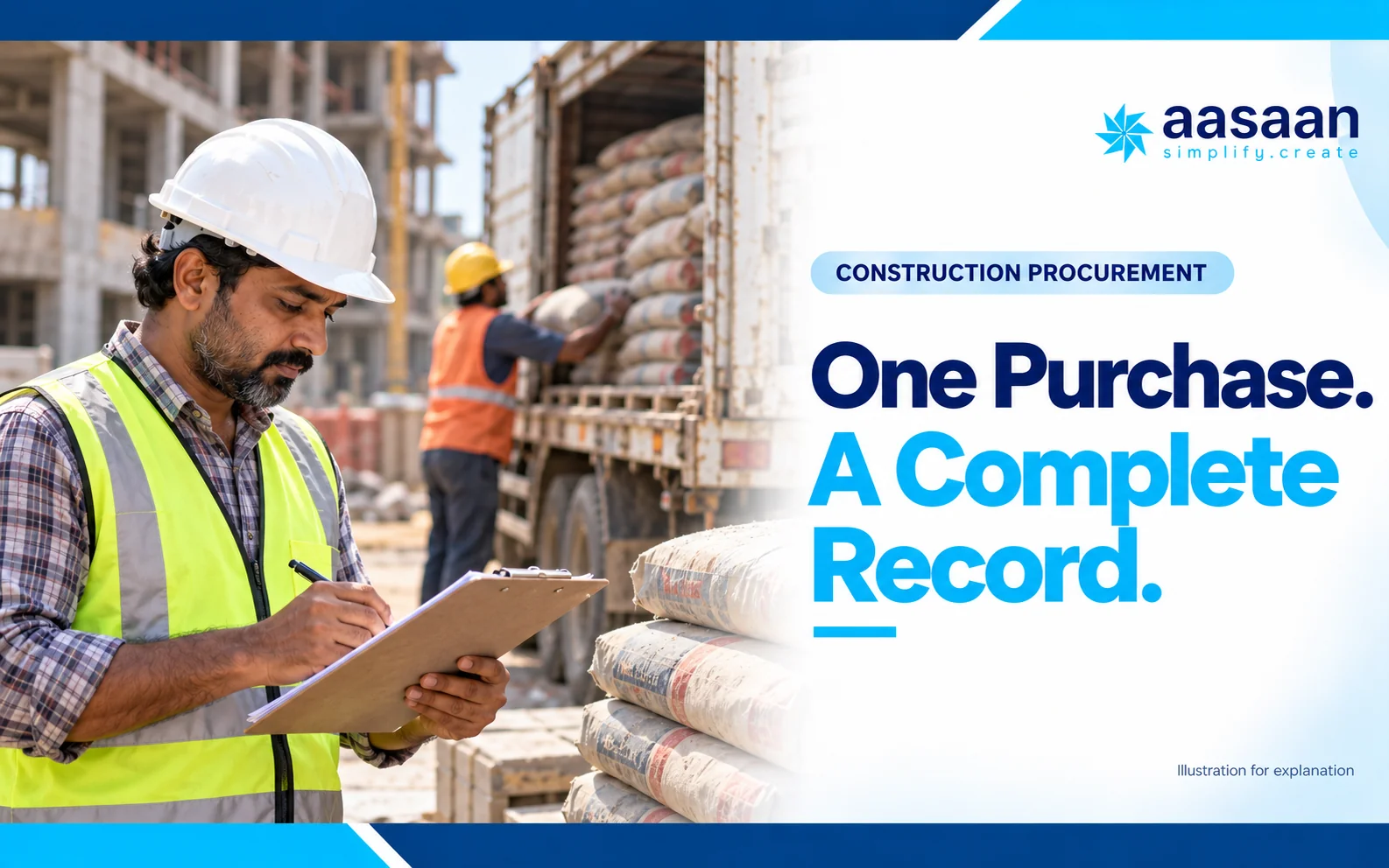 Worked example: one material purchase from request to invoice — Aasaan illustrated guide