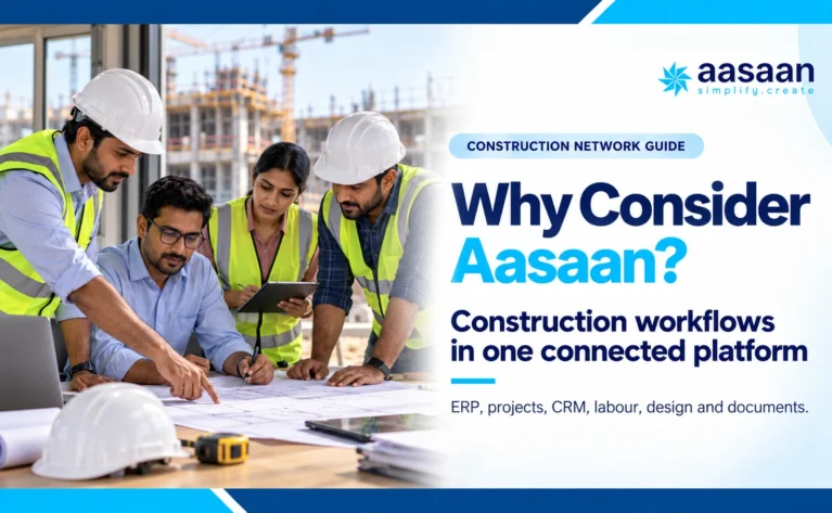 Construction team reviewing connected project workflows relevant to Aasaan