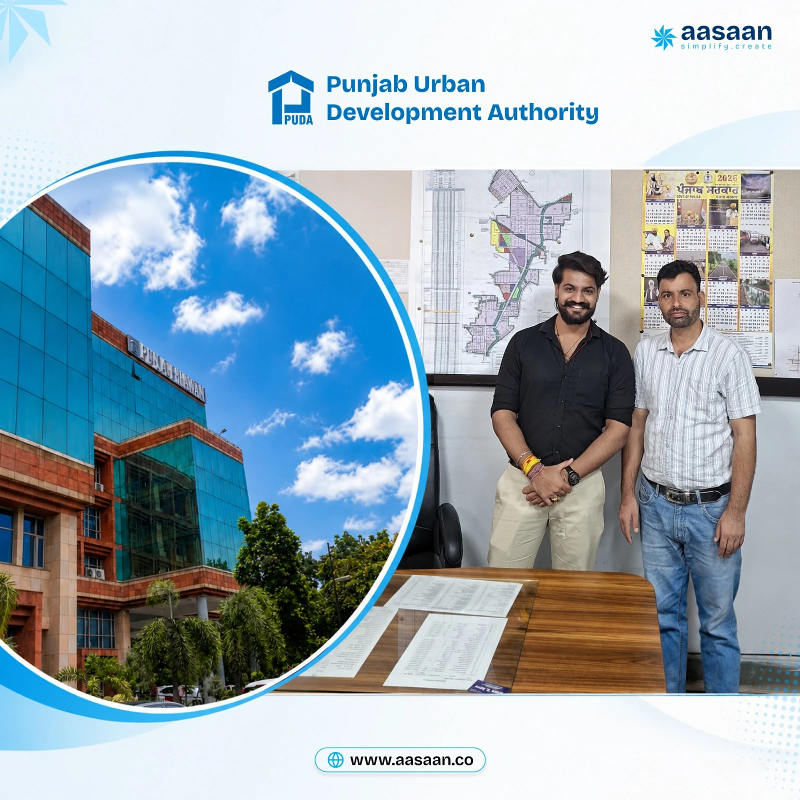 Aasaan collage showing Punjab Urban Planning and Development Authority headquarters and an office visit.
