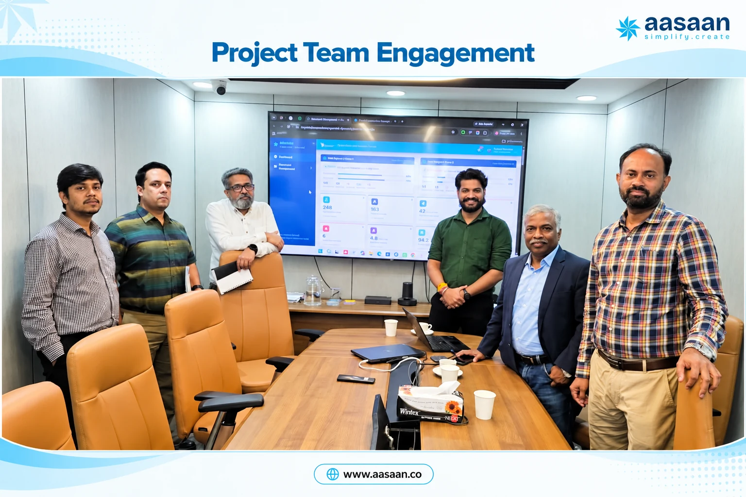 Aasaan branded project team meeting with the software displayed on screen.